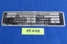 Original DDR Typenschild 1966 -  Trabant P 601 Kombi  VEB Sachsenring Zwickau