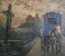 Ungewöhnliches Original Ölgemälde "Pferdewagen & Kreuz", signiert "Montresor"