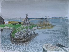 Aquarell Karl Adser 1912-1995 Felsted Kog Nissum Fjord Bucht Dänemark 1989