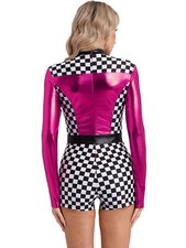 Damen Rennfahrer Kostüm Metallische Uniform Reißverschluss Hinten Overall Body