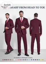  Herren Anzug 3 Teilig Slim Fit Einfarbig  Business Burgund M   OHNE Krawatte