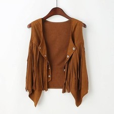 Damen Faux Wildleder Cowboy Ärmellos Weste Cardigan Fransen 70er Fransenweste