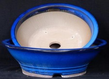 Bonsai - Bonsaischale Japan große Schale aus Set rund blau glasiert 36,5 x 10,6