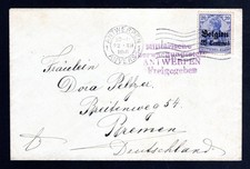 Landespost Belgien, M-Nr. 4 auf Brief vom 22.12.1915, ANTWERPEN, Zensurstempel