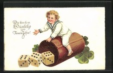 Ansichtskarte Knabe auf Würfelbecher, Spiel 1928 