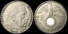 Drittes Reich 2 Reichsmark 1939 D Hindenburg Reichsadler Swastika 625er Silber