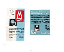 2x Reklamemarke der Hausrat- und Eisen-Waren-Messe in Köln 1960 und 1962