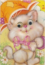 Wackelaugen Ak Katze, Tier-Portrait, Regenschirm, Schleife - 3960443