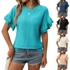 Damen Sommer hohle lose T-Shirts lässig Rüschen Kurzarm Tee Tops Bluse