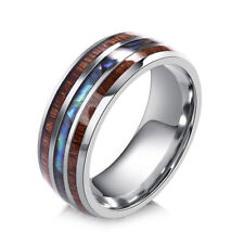 Edelstahl Ring Abalone Perlmutt Holz Maserung Inlay Silber Braun Herren Damen
