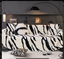 Sofa Überwurf  2 x Bezug Set  Zebra Schwarz Weiß Fell Plüsch 3 Sitzer + 2 Sitzer