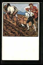 Ansichtskarte Bauer mit einem Pferdepflug 