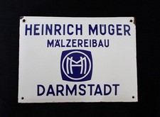 Einzigartiges Emailschild Mälzereibau Heinrich Müger Darmstadt Brauerei Schild