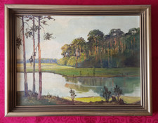 Dachbodenfund, Ölgemälde auf Leinen, Flußlandschaft, unleserlich handsigniert