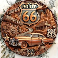 Blechschild rund Route 66 Diner Oldtimer Retro Nostalgie Vintage TEL1680