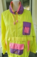 Vintage Regenjacke Damen Neon Gr.42 Neon Gelb Pink Lila Kapuze 80er Jahre Rodeo 