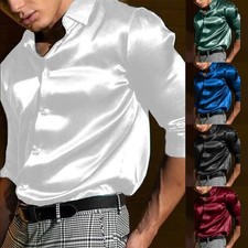 Herren Satin Seide Langarmhemd Freizeit Knopfleiste Kleid Hemd Disco Party