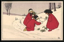 Künstler-AK Pauli Ebner: Kinder legen ein Schwein aus Stechpalmenbeeren im Schn 