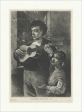 Der blinde Straßensänger Bettler Gitarre Musiker Kinder Stadt Holzstich E 16817