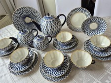 Lomonosov Teeservice +2L KANNE,Porzellan Kobaltnetz, 22 Karat Gold ,23 TEILIG