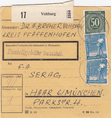 Paketkarte 1948 vohburg nach - 1948:,