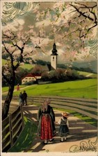 Künstler Litho Mailick, Personen auf einem Weg, Kirche - 4500150