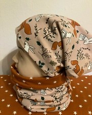 Handmade Set Beanie Mütze und Schal mit Fuchs + Hase Gr.98-104-110 / 50-52cm Neu