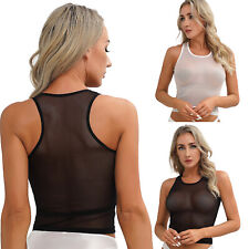 DE Damen Sheer Mesh Tank Top Sexy Weste Ärmellos Shirt Kurze Crop Top Untershirt
