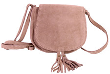 Tasche Veloursleder Leder beige Saddle Bag Umhängetasche Quasten Suede Boho B248