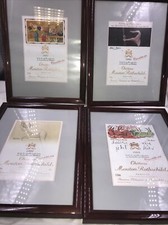 Vier Weinetiketten Chateau Mouton Rothschild, in Mahagonirahmen 1989 1990 1991