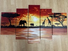 Bildercollage Afrika Sonnenuntergang Elefanten Giraffen 5 Teilige Leinwand