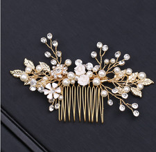 Hochzeit Braut Haarkamm Blumen Perlen Zirkonia Gold Kopfschmuck