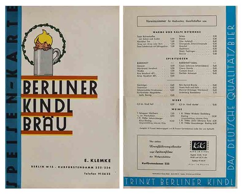 Speisekarte berliner kindl - berliner,
