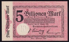Cassel Kassel: 5 Billionen Mark 24.10.1923 - Serie B - Reichsbahn - Unc