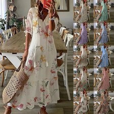 Damen Boho Maxikleid Sommerkleid Blumen Freizeitkleid Langkleid Lose Tunikakleid