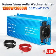 1300W/2600W Reiner Sinus Wechselrichter 12V/230V Auto Spannungswandler 2USB