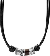 Fossil JF84068040 Herren Halskette Edelstahl Leder Schwarz Holzelemente 50 cm