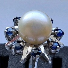 Damenring - massivem Gold 14 K - Perle + 8  Saphir Edelsteine 0,4 Ct.