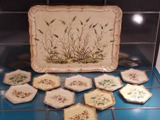 antikes Florentiner Tablett Italy Holz floral Gräser 36x28cm groß+10 Untersetzer