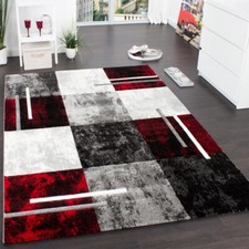 Designer Teppich Modern mit Konturenschnitt Karo Muster Grau Schwarz Rot