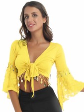 DE Damen Bauchtanz Langarm Mit Münze Quasten Trompetenärmel Chiffon Shirt