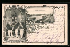 AK Karlsruhe, Ruderverein Sturmvogel, Mitglieder mit Fahne, Rheinhafen 1902 