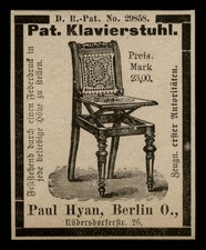 Alte Werbung Reklame 1890 Patent Klavierstuhl Paul Hyan Berlin Rüdersdorferstr.