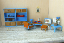 Wohnzimmer Puppenstuben Möbel Puppenhaus Puppenmöbel Vero DDR blau Holz