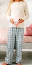Schlafanzug Pyjama Set Mädchen Gr. 122/128 creme/blau kariert Flanell 