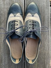 Halbschuh Damen 41 Hanna White Leder Blau Cremefarben Schnürung Lochmuster Flach