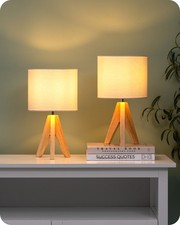 EDISHINE Nachttischlampe 2er Set aus Holz mit Leinenschirm inkl. LED Leuchtmitte