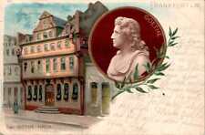 LITHO GRUß AUS FRANKFURT MAIN DAS GOETHE HAUS BÜSTE VON GOETHE 3BILD 1901 HESSEN