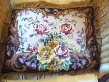 Gobelin Sofakissen Handgestickt Handarbeit Vintage 60er Jahre Samt braun Blumen