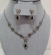 Vintage Schwarz Onyx Marquesit Art Deco Sterlingsilber Halskette & Ohrring Set 925